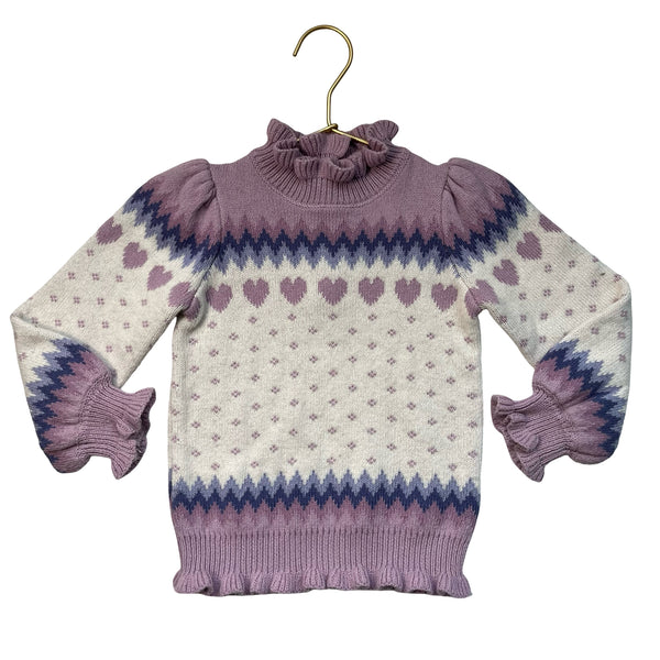 Janie and Jack Lavender, Purple, Ivory Heart Pattern Sweater - Size 3