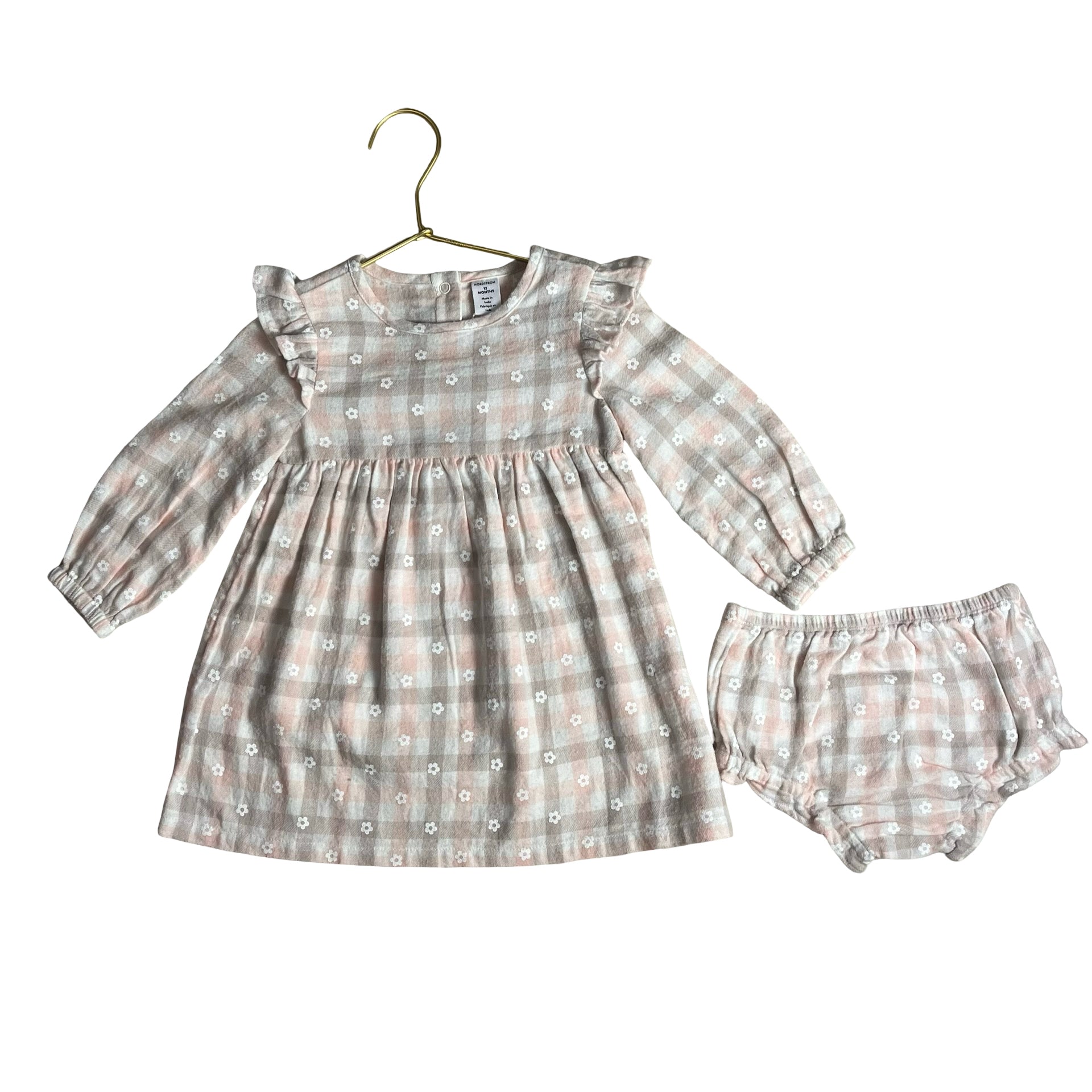 Nordstrom Ivory, Pink, Gray Plaid Flannel Dress & Bloomers - Size 12 Mo