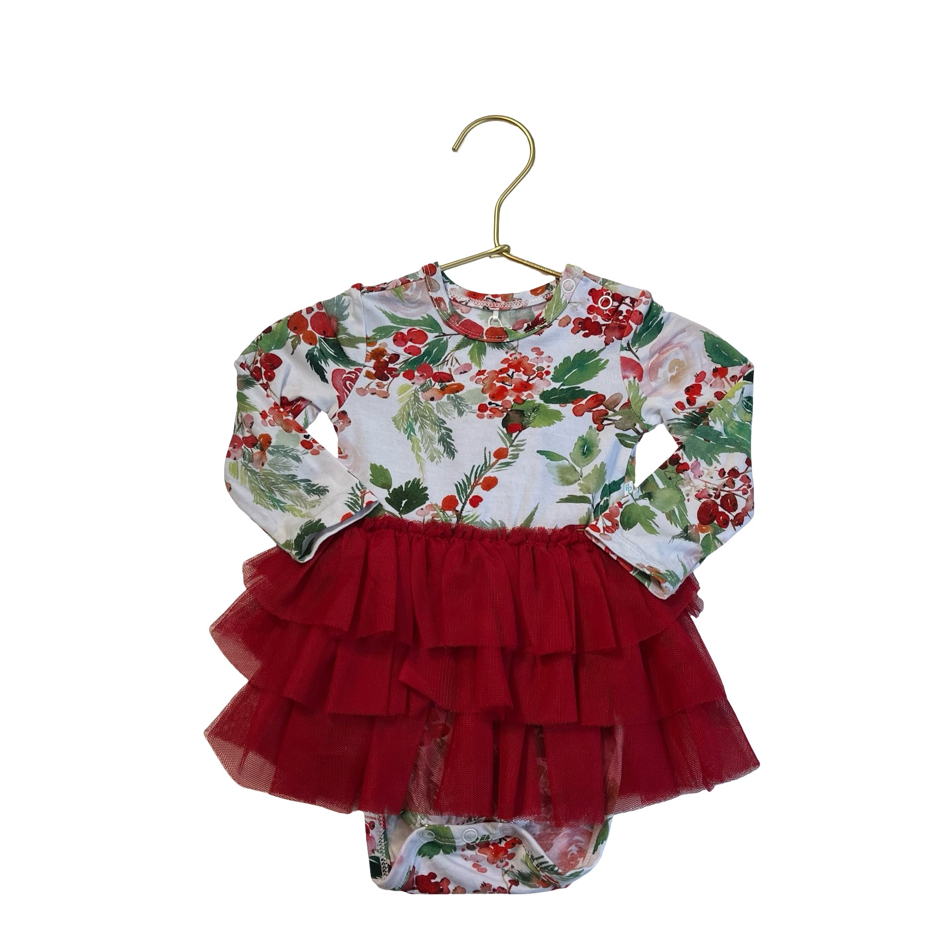 Posh Peanut Holly Print & Red Tulle Onesie Dress - Size 3-6 Mo