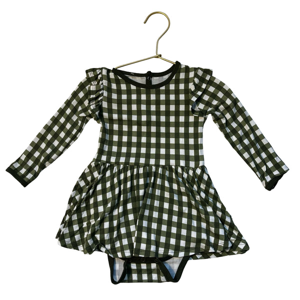Kyte Olive Green Check Bodysuit Dress - Size 18-24 Mo