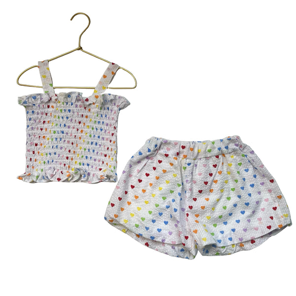 Lola & The Boys White & Rainbow Heart Print Shorts & Smocked Tank Set - Size 4