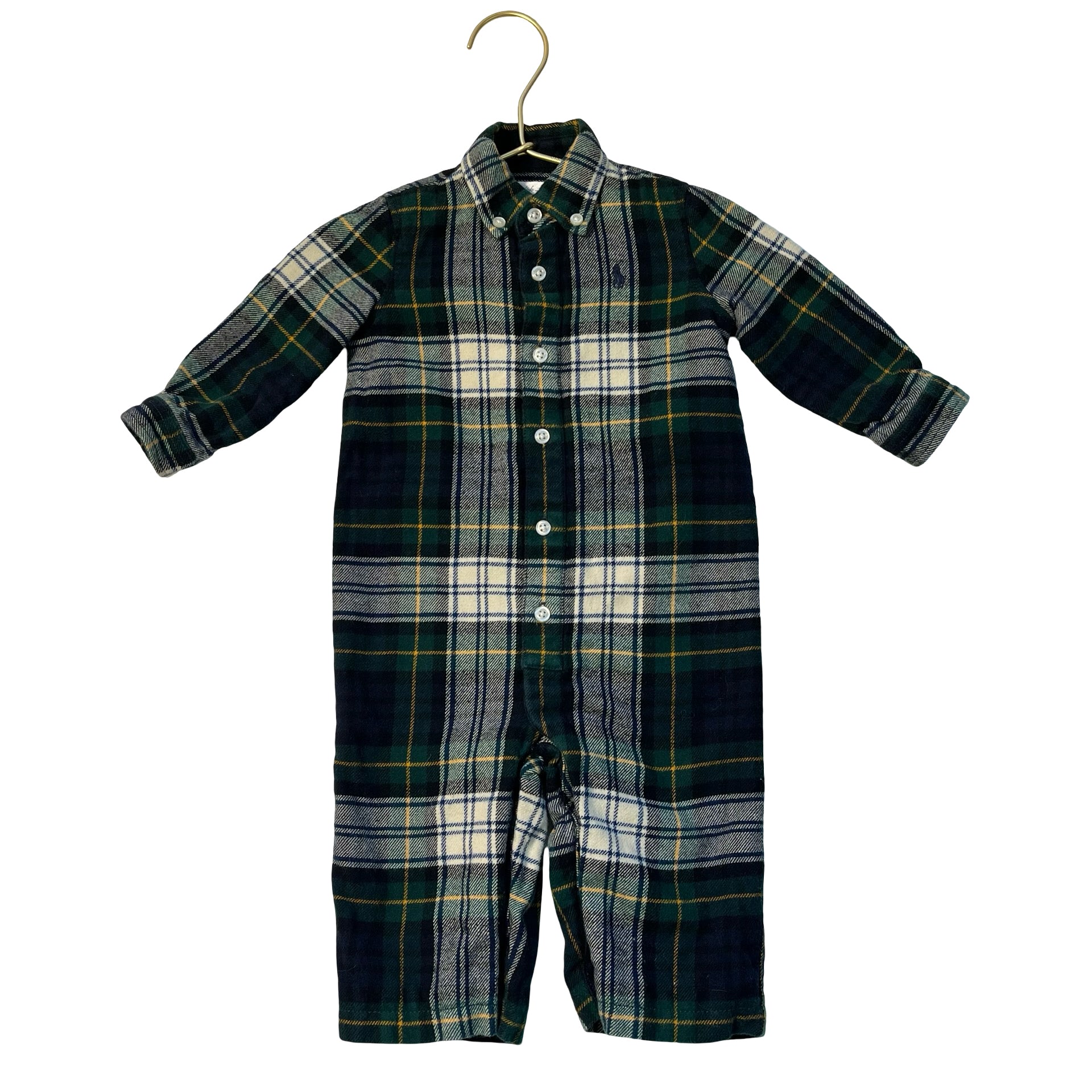 Ralph Lauren Jersey-Lined Green & Navy Tartan Plaid Flannel One-Piece - Size 6 M