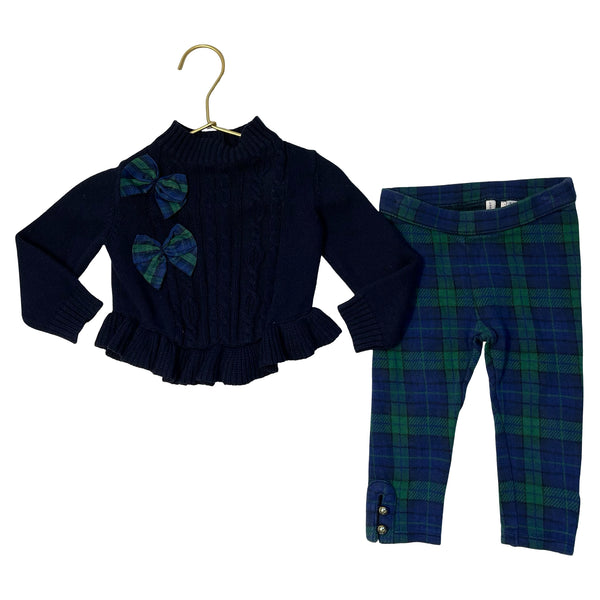 Janie and Jack Navy Sweater & Tartan Plaid Leggings Set - Size 12-18 Mo