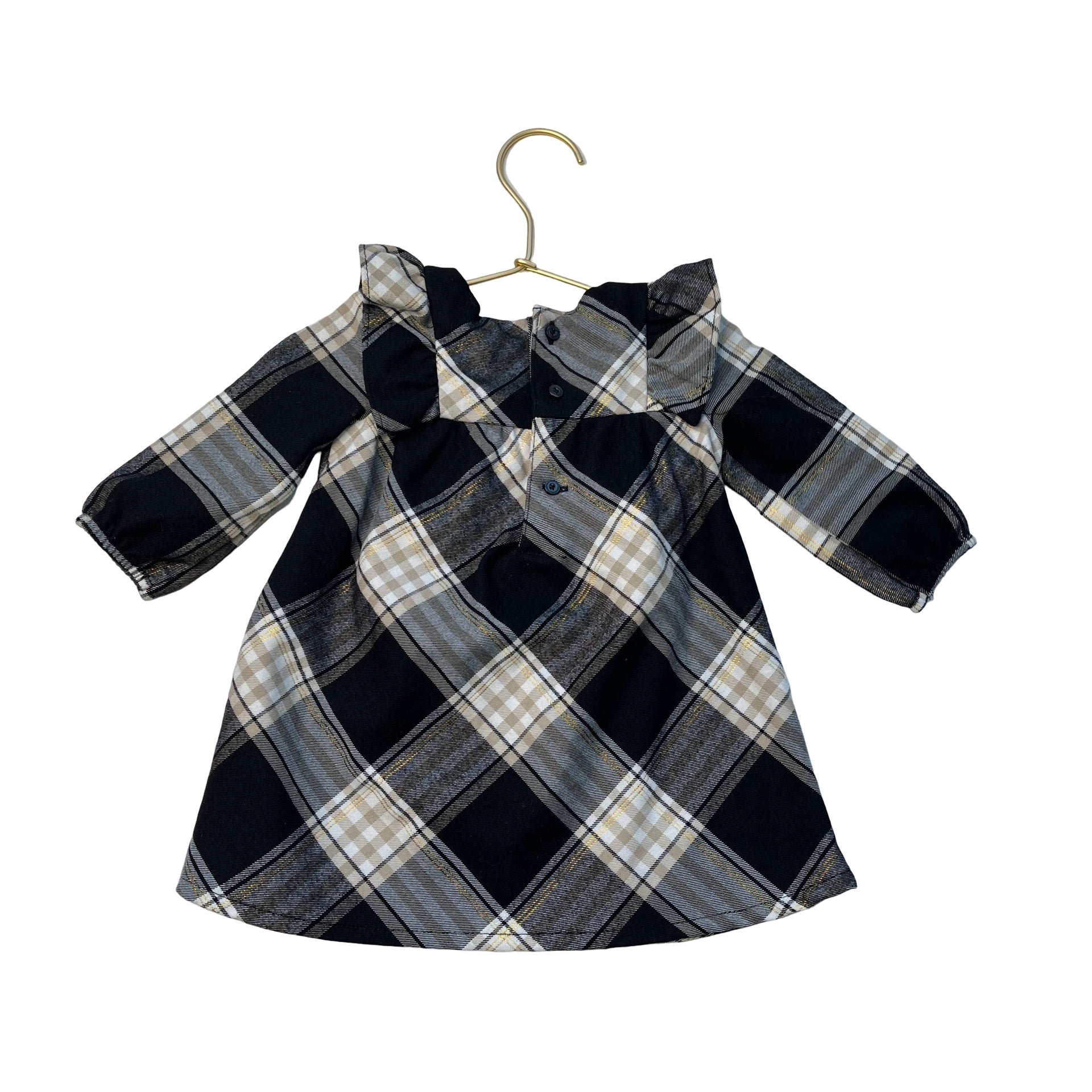 Carter's Black, Ivory, Tan, Gold Plaid Flannel Dress - Size 6 Mo