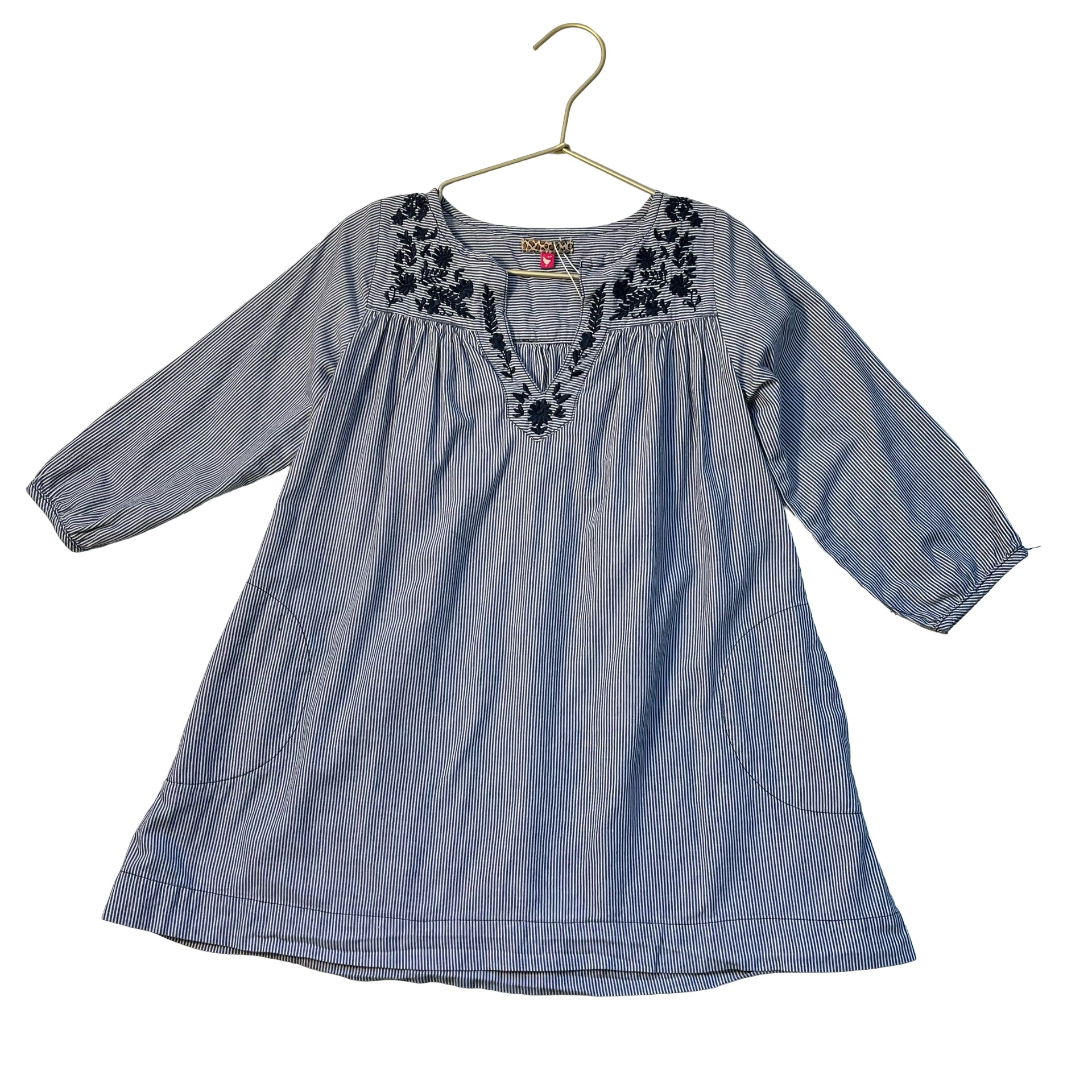 Pink Chicken Navy Striped Embroidered Dress - Size 5Y