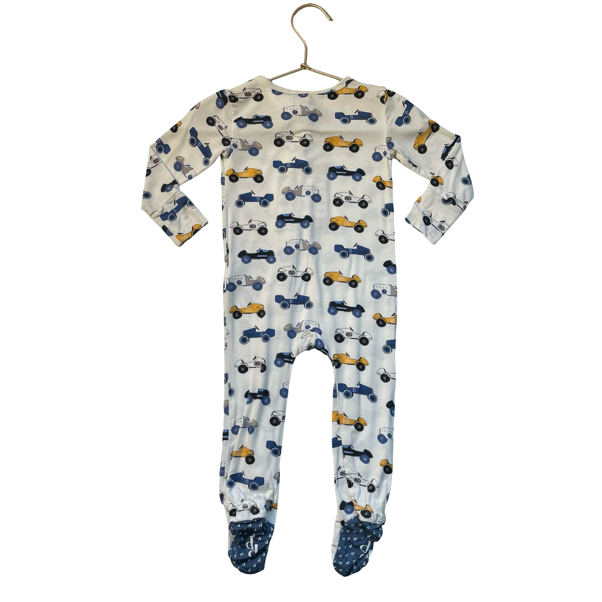 Posh Peanut Ivory, Blue, Yellow Race Car Footed PJs - Size 12-18 Mo