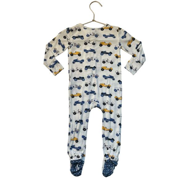 Posh Peanut Ivory, Blue, Yellow Race Car Footed PJs - Size 12-18 Mo