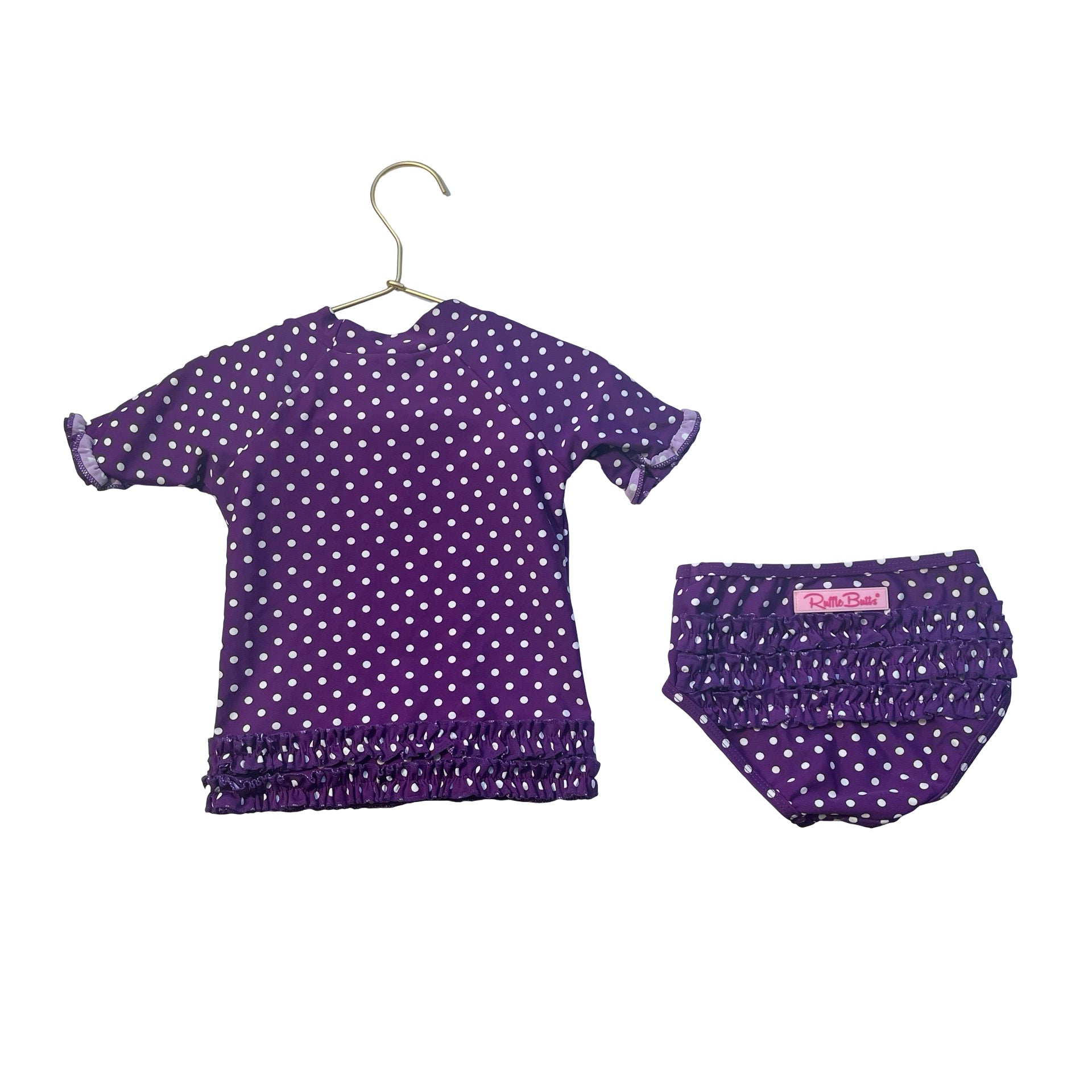 Ruffle Butts Purple Polka Dot Rash Guard 2 Piece Swim Suit - Size 2T