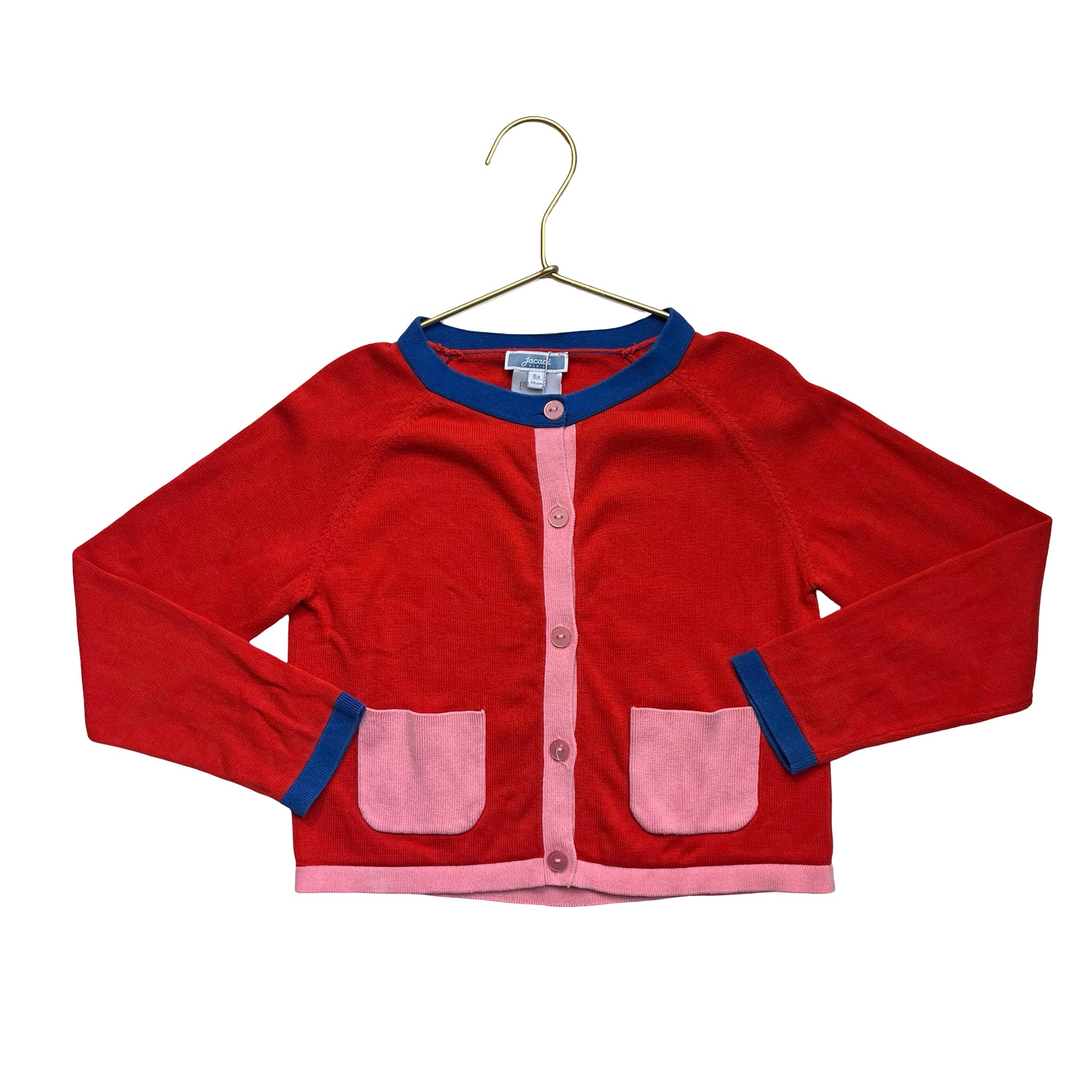 Jacadi Red Cotton Cardigan Sweater, Blue & Pink Trim - Size 6A