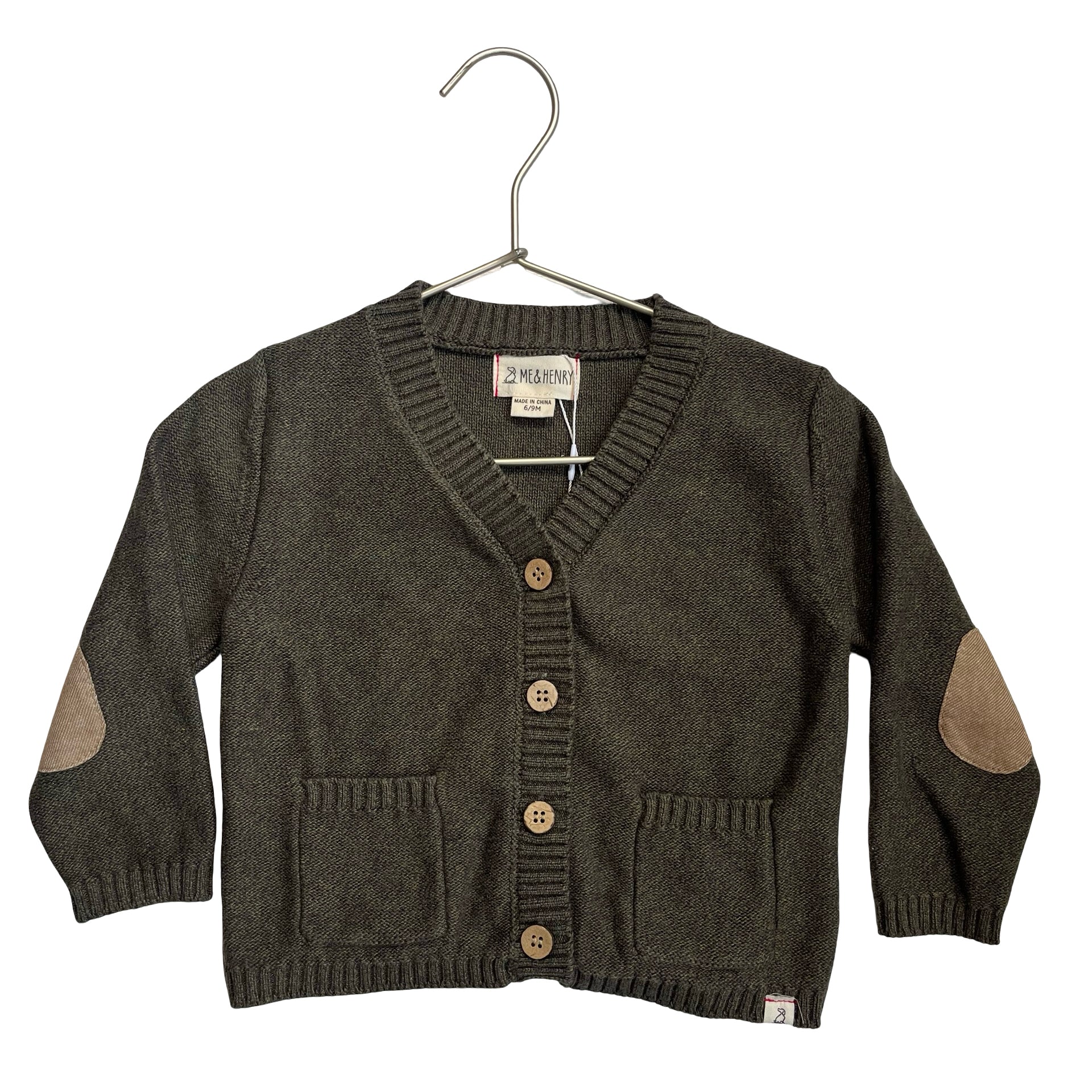 Me & Henry Olive Green V-Neck Cotton Cardigan Sweater - Size 6-9 Mo