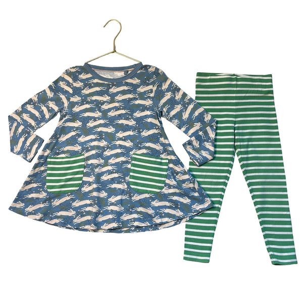 Mini Boden Blue Bunny Print Tunic Top & Green Striped Leggings Set - Size 4-5Y