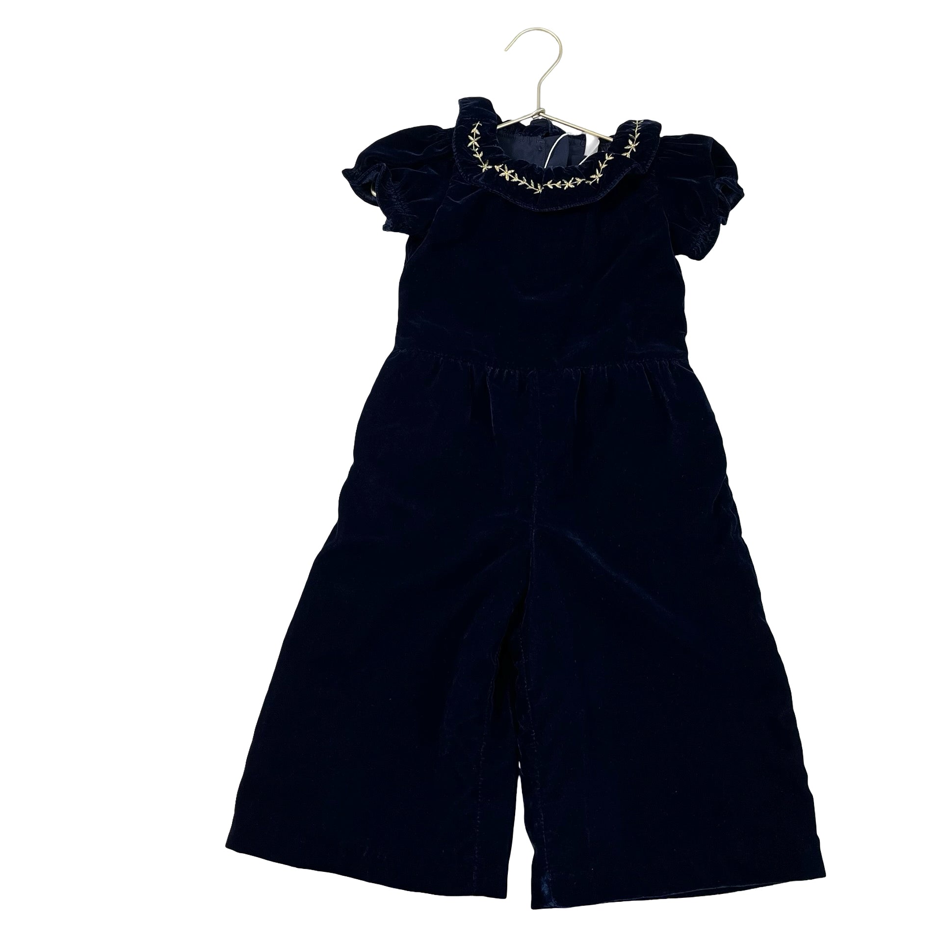 Janie and Jack Navy Velvet Jumpsuit, Gold Embroidered Collar - Size 3