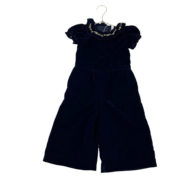 Janie and Jack Navy Velvet Jumpsuit, Gold Embroidered Collar - Size 3