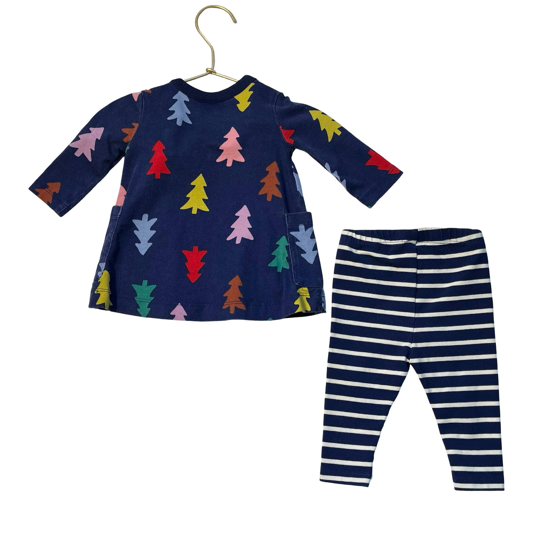 Hanna Andersson Navy Christmas Tree Tunic & Striped Leggings Set - Size 0-3 Mo