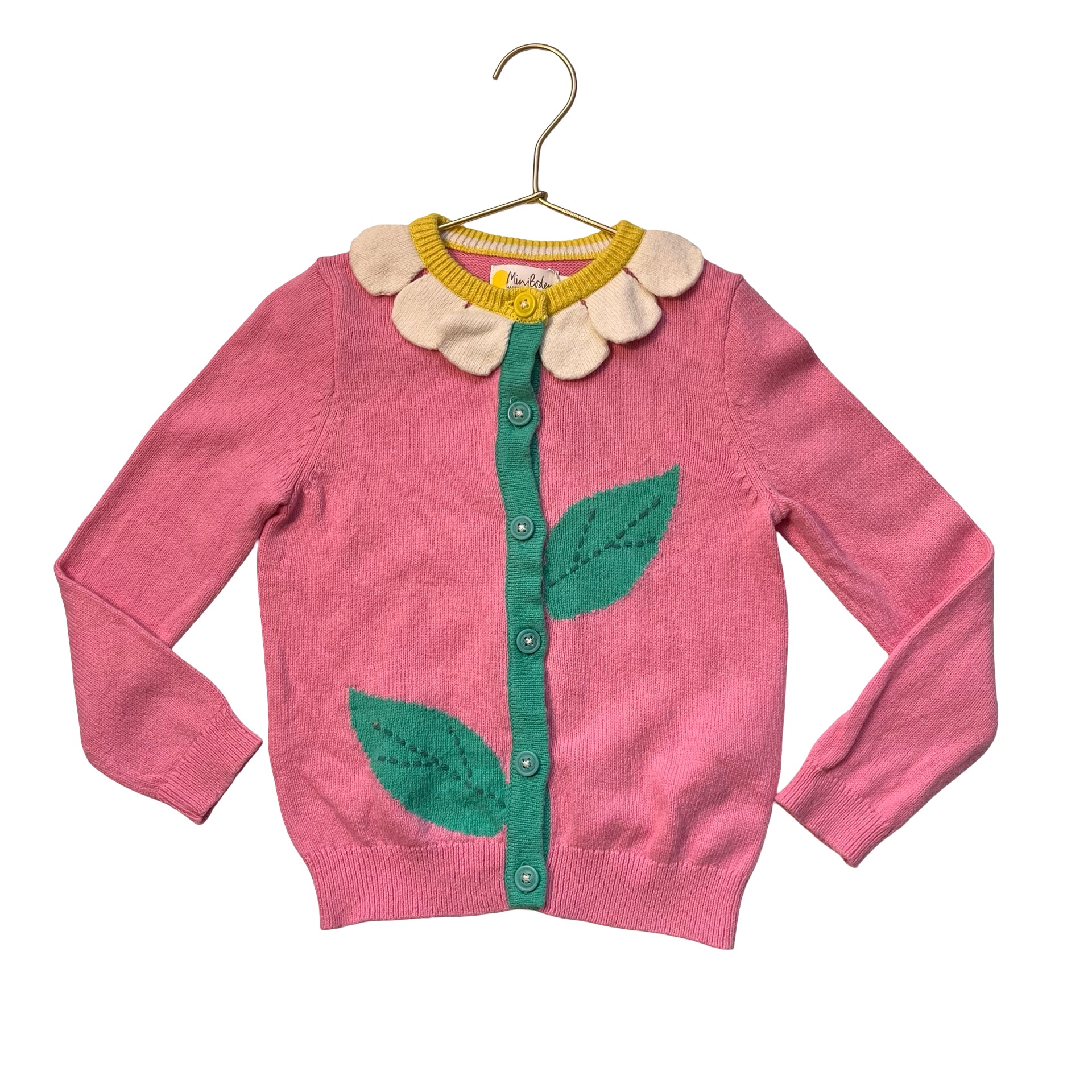 Mini Boden Pink & Green Flower Collar Cardigan Sweater - Size 6-7Y