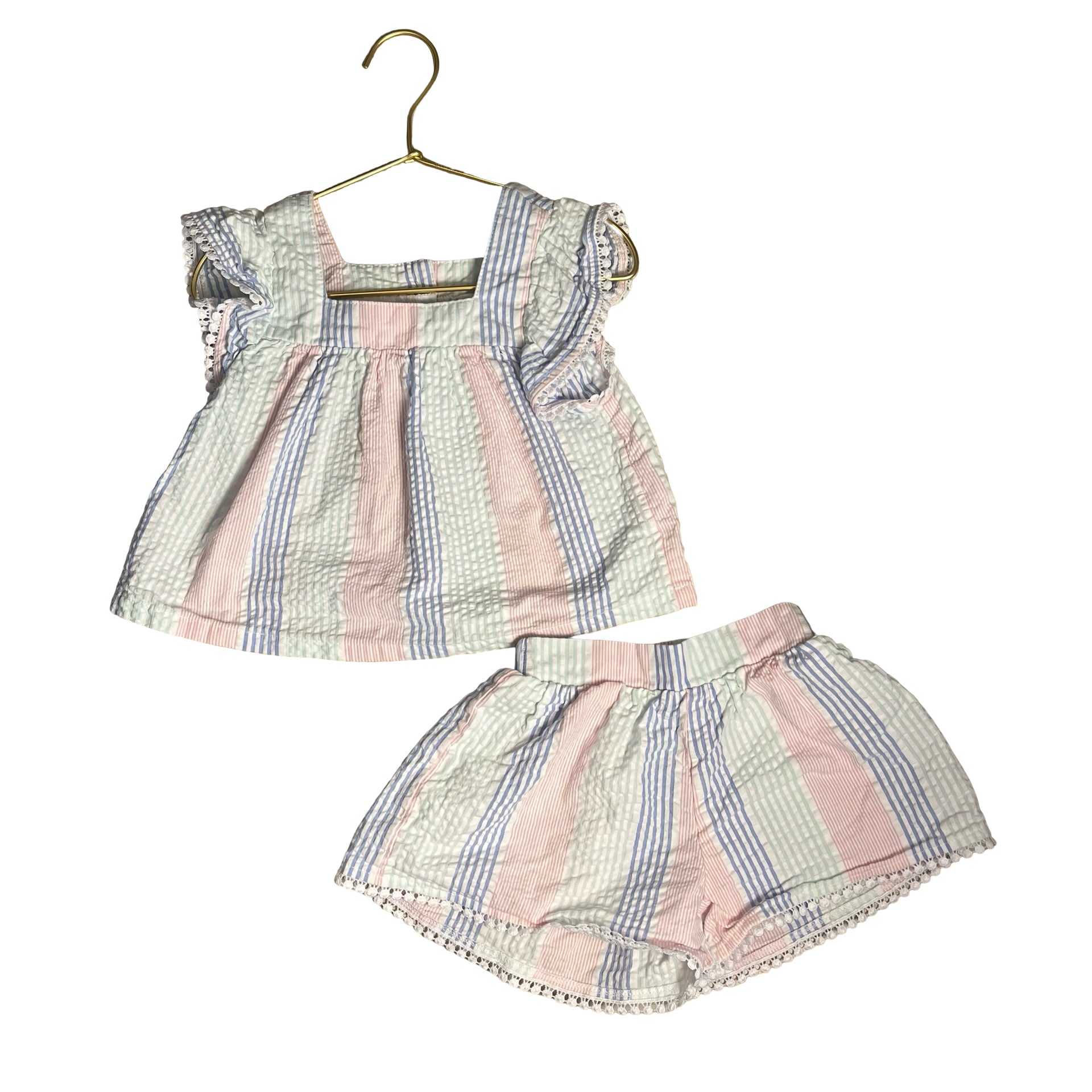 Janie and Jack Pastel Stiped Seersucker Shorts & Top Set - Size 2T