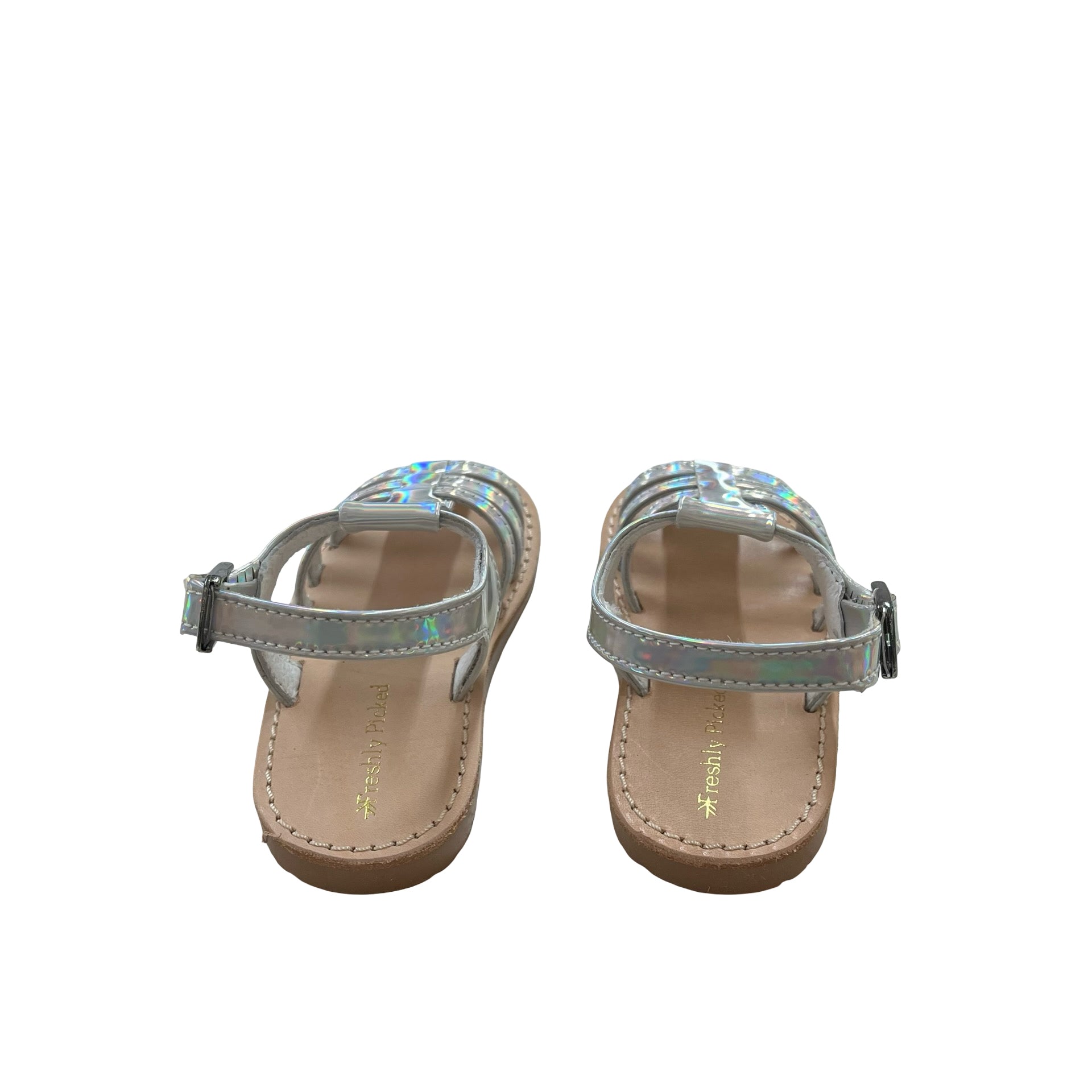 Freshly Picked Silver Holographic Leather Bixby Sandals New in Box - Size 5