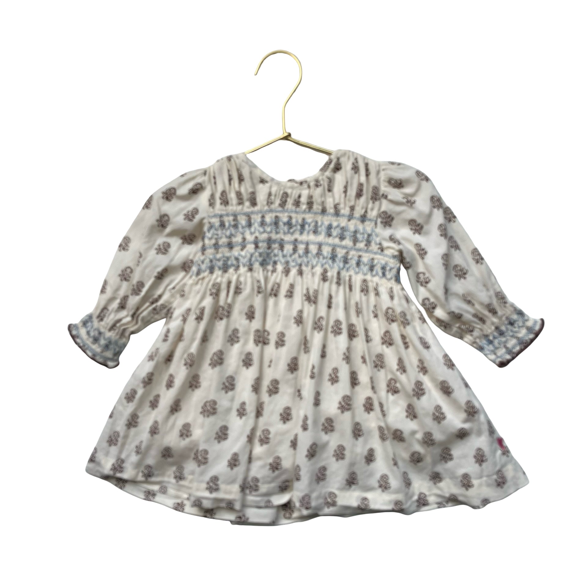 Pink Chicken Ivory & Brown Flower Print Smocked Dress - Size 3-6 Mo