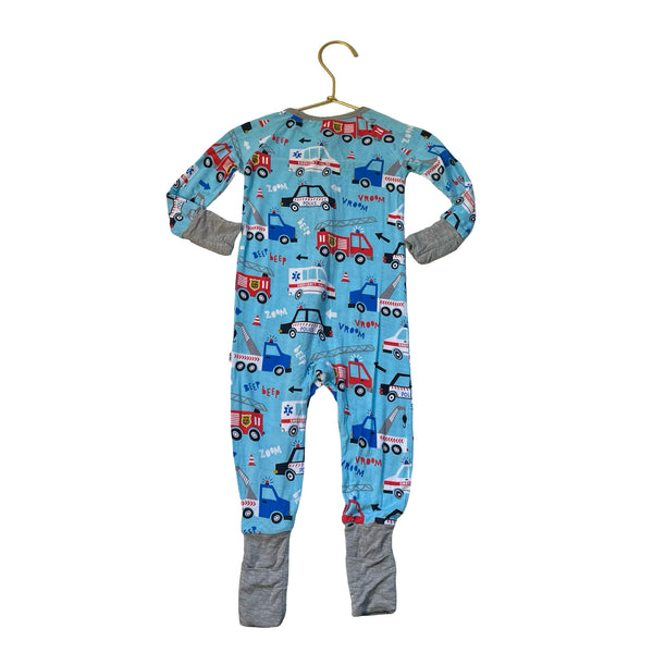 Little Sleepies Blue Emergency Vehicle Print One-Piece PJs - Size 6-12 Mo