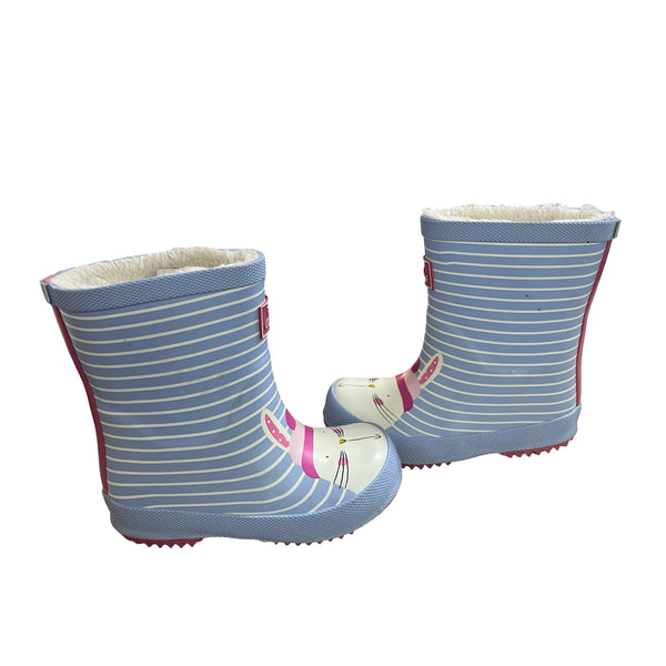 Joules Faux Fur Lined Light Blue Striped Bunny Rain Boots - Size US 8