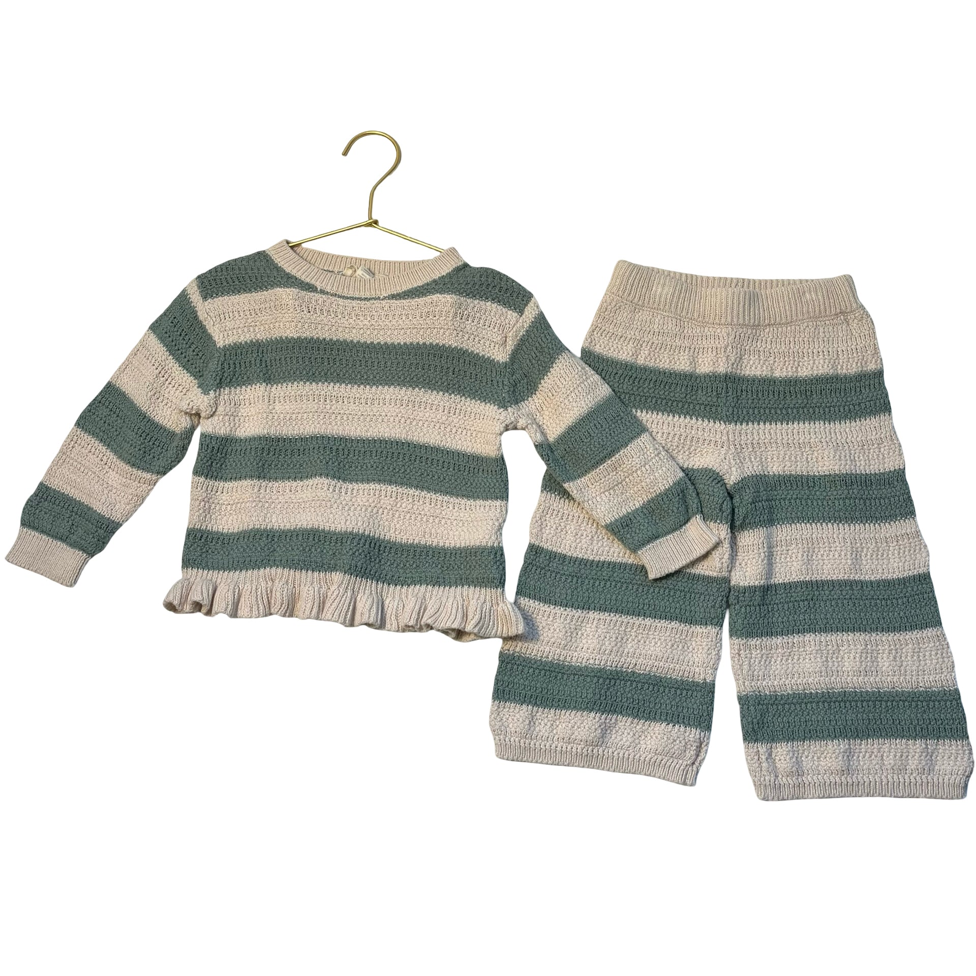 Jessica Simpson Ivory & Green Striped Cotton Knit Sweater & Pants Set - Size 2T