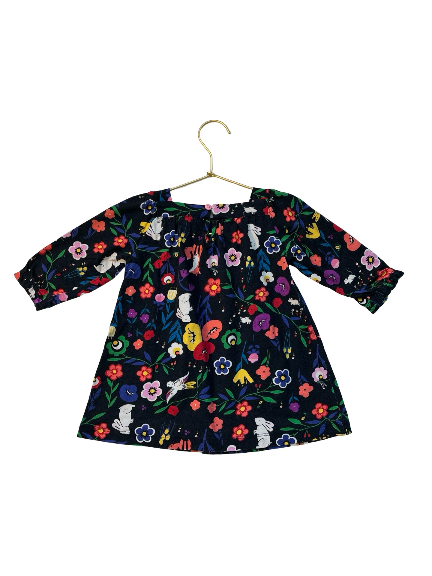 Hanna Andersson Black & Colorful Flower, Bunny, Owl Print Dress - 75 (12-18 Mo)
