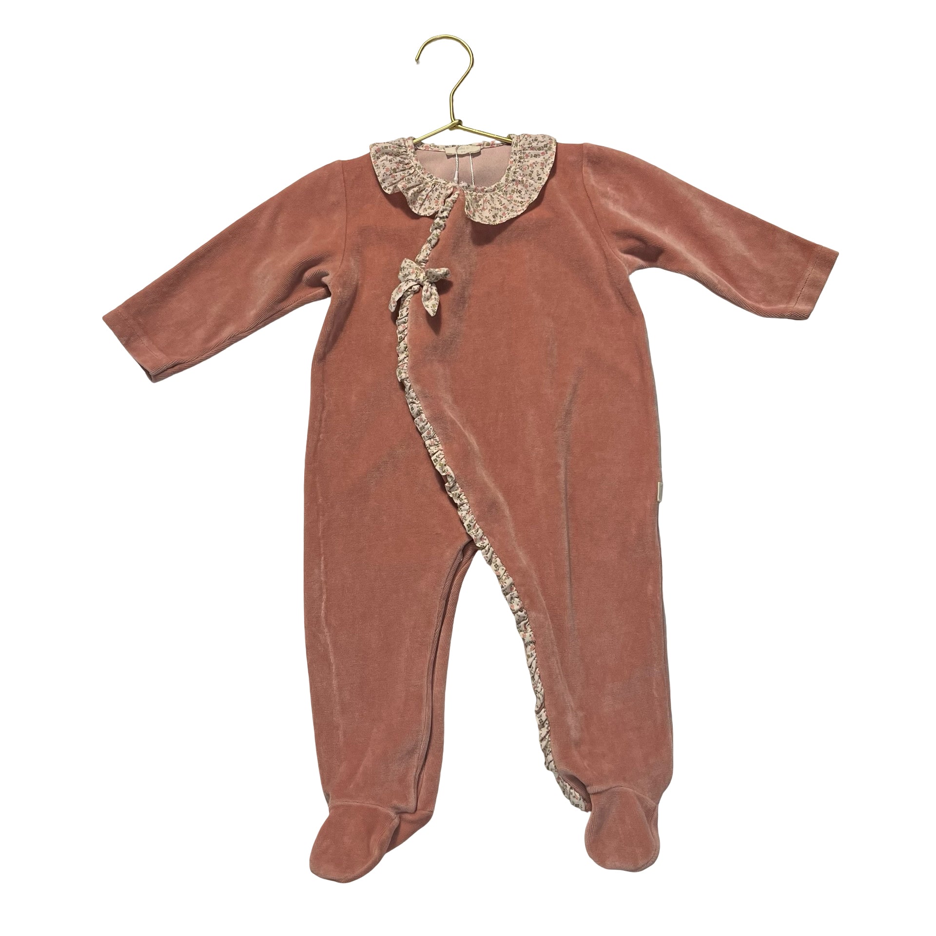 Baby Gi Dusty Pink Velour Footed One Piece, Floral Trim - Size 9 Mo