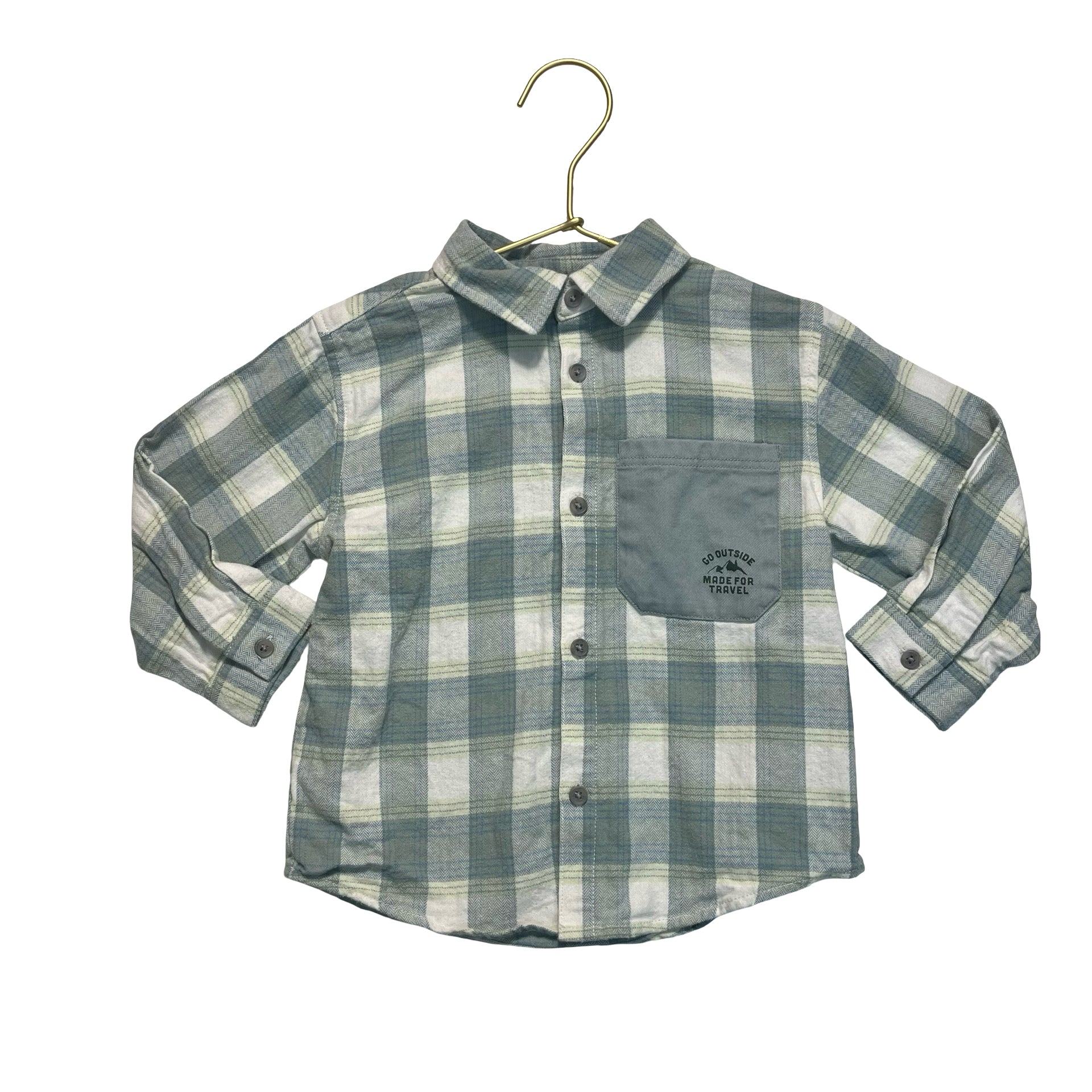 Zara Mint Green & Ivory Plaid Flannel Button Down Shirt - Size 18-24 Mo
