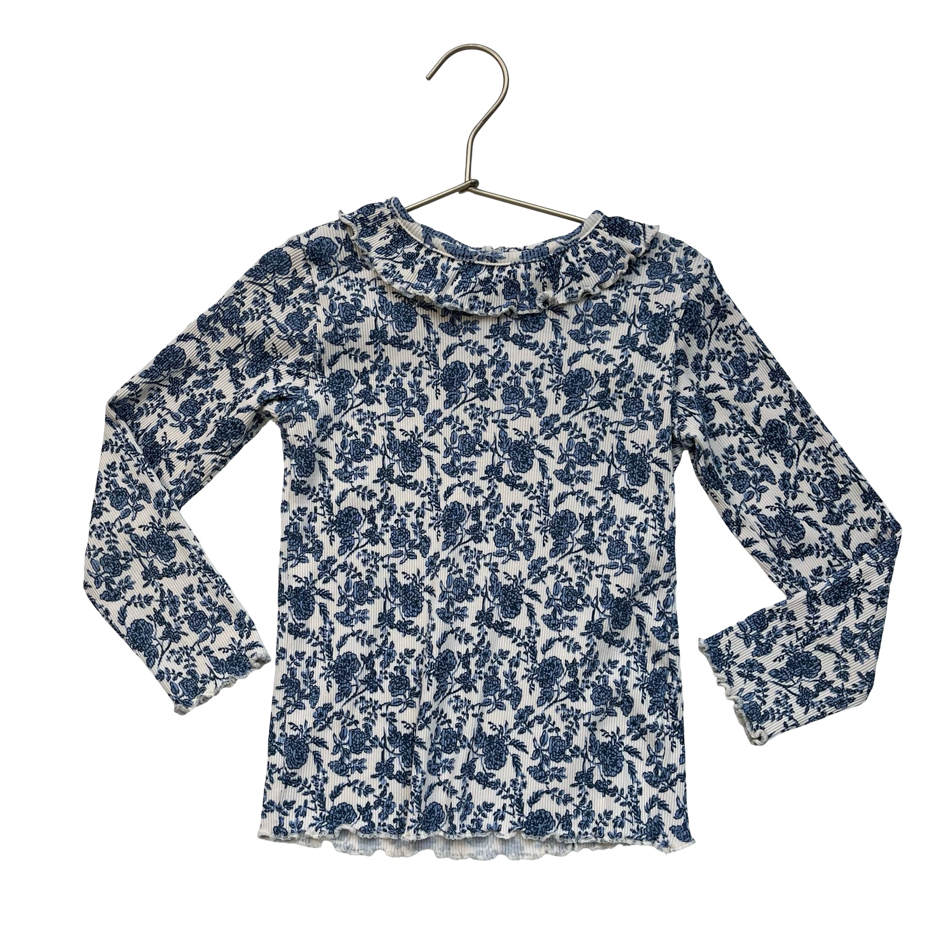 Monoprix Ivory & Blue Floral Ribbed Ruffle-Collar Shirt - Size 6