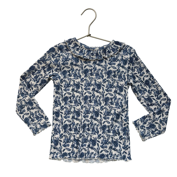 Monoprix Ivory & Blue Floral Ribbed Ruffle-Collar Shirt - Size 6