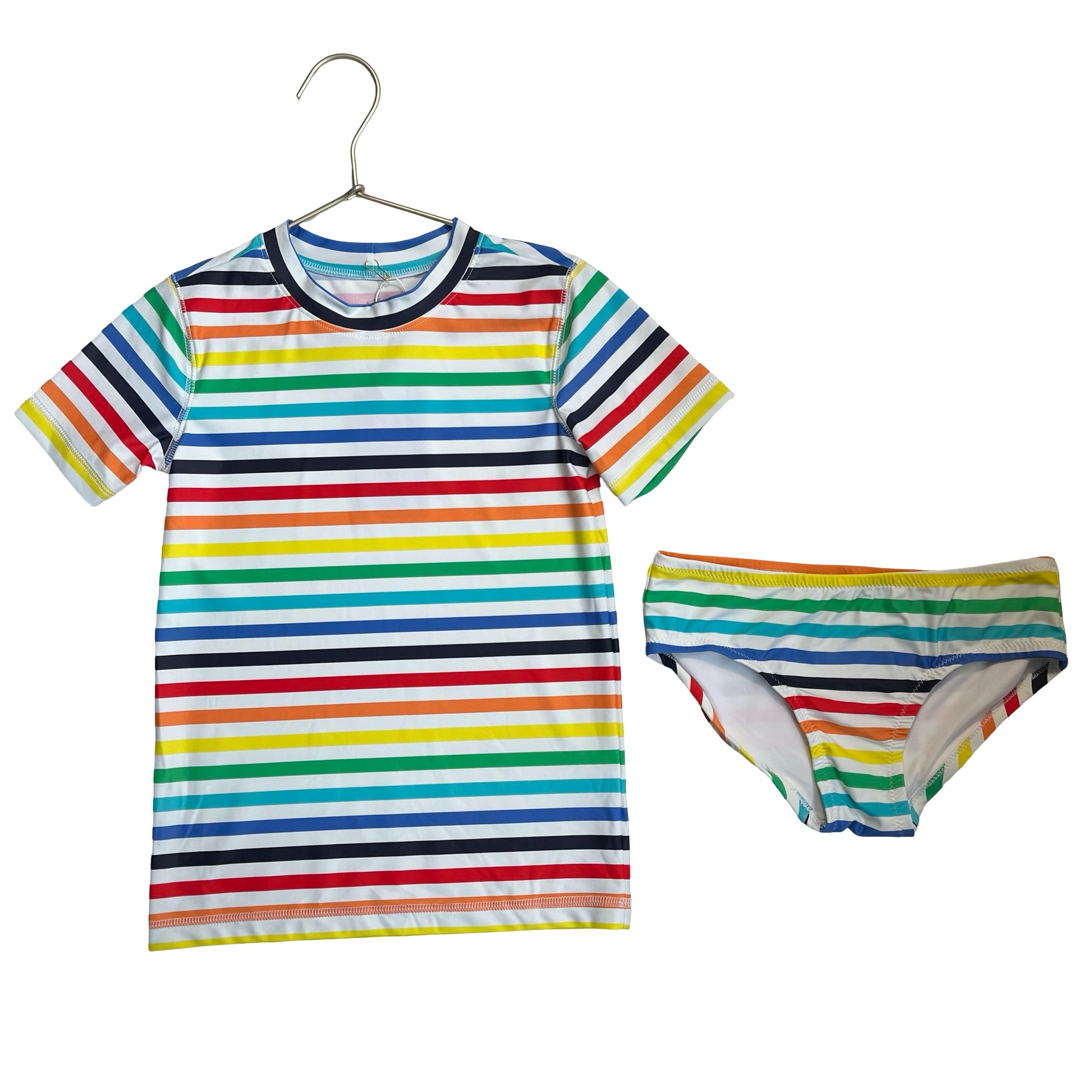 Primary Rainbow Striped Rash Guard 2 Piece Swim Suit - Size 6-7