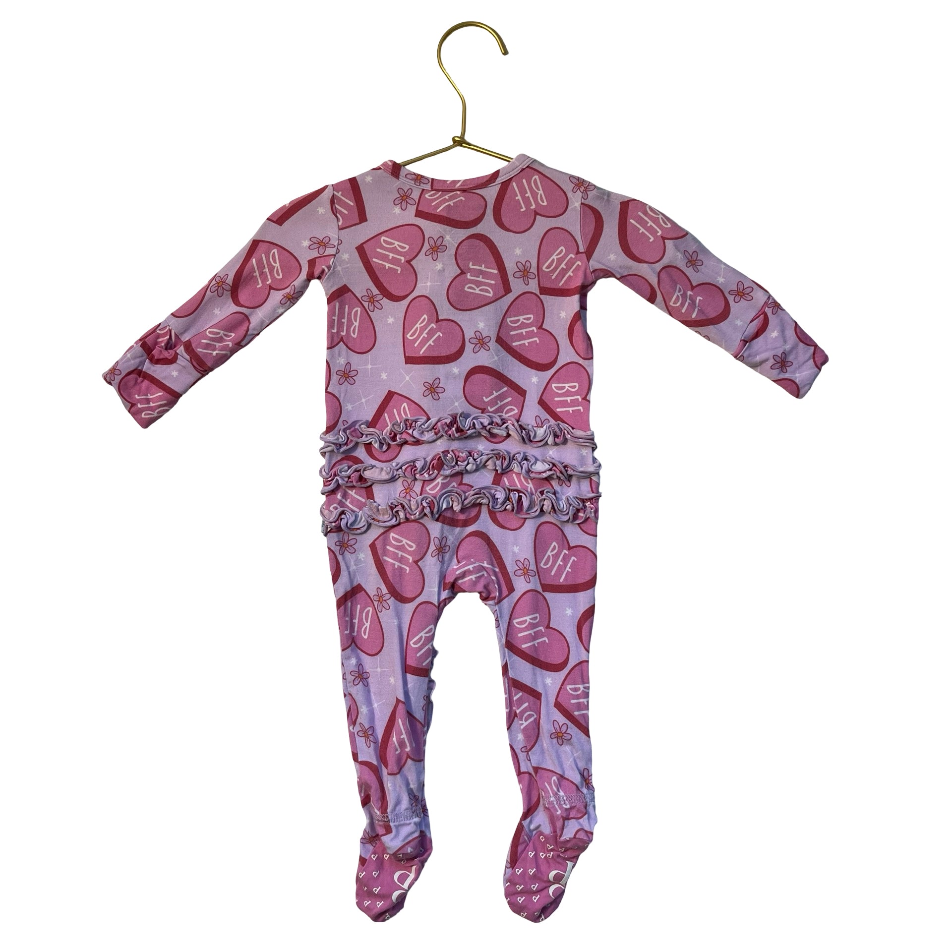 Posh Peanut Pink 'BFF' Heart Ruffle Footed One-Piece - Size 0-3 Mo