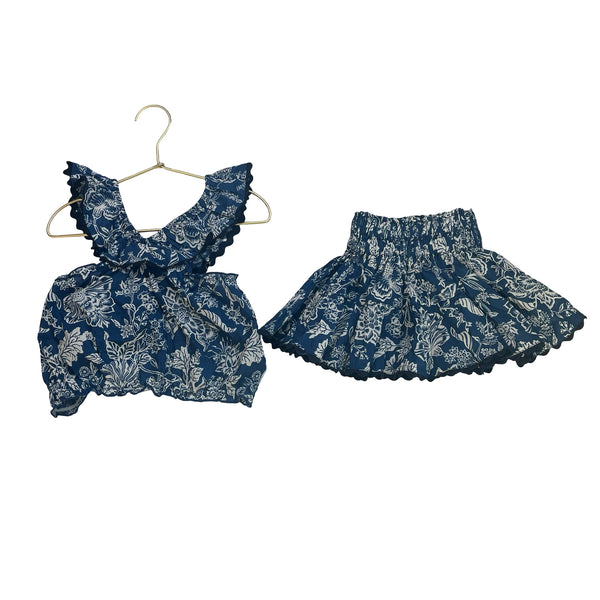 Popie's Bordeaux Navy & Ivory Floral Top & Skirt Set - Size XS 4
