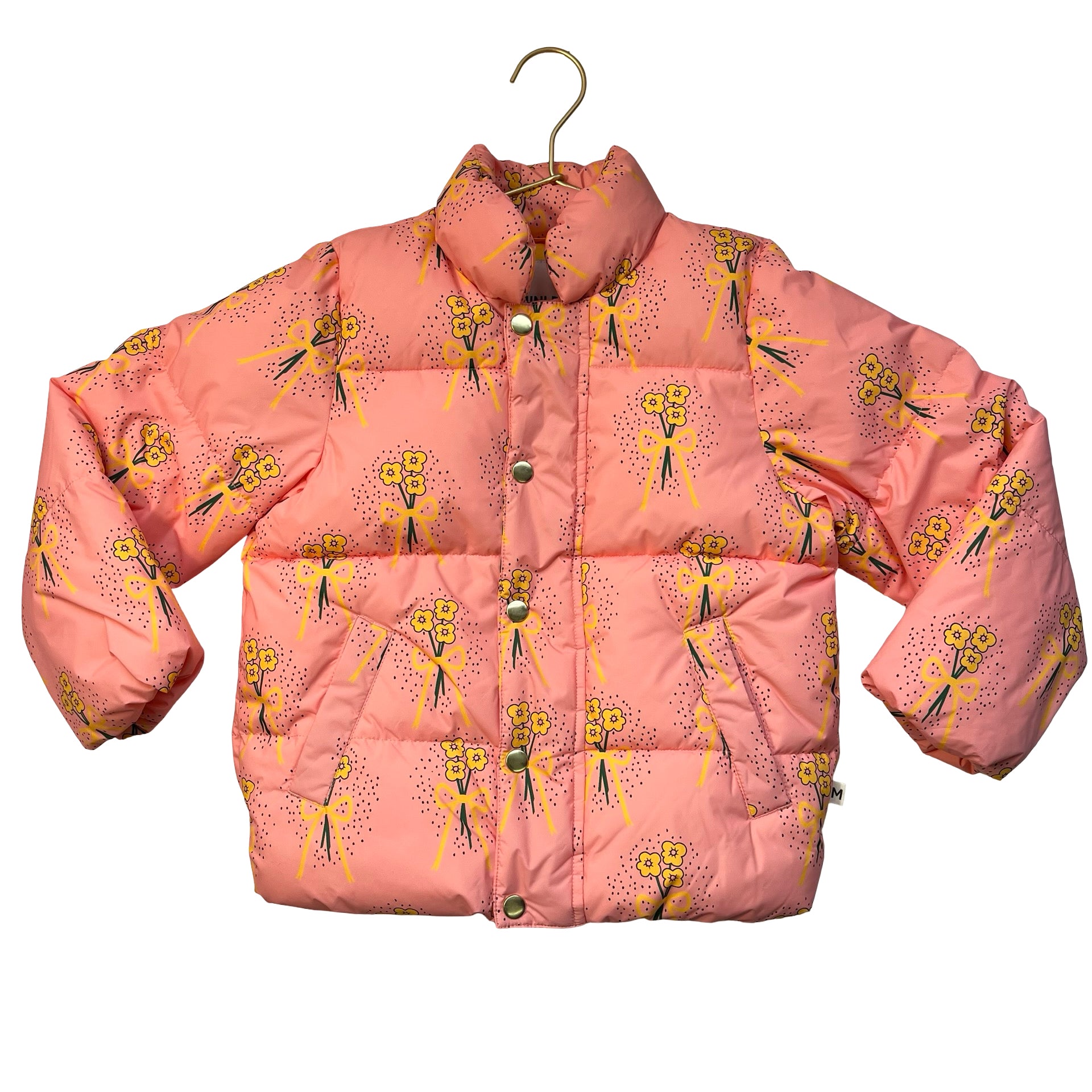 Mini Rodini Peach & Yellow Flower Bow Print Puffer Jacket - Size 6-7Y