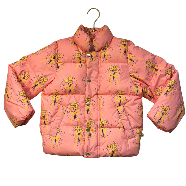 Mini Rodini Peach & Yellow Flower Bow Print Puffer Jacket - Size 6-7Y
