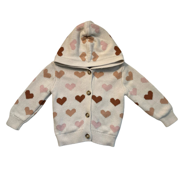 Old Navy Ivory Heart Pattern Hooded Cotton Cardigan Sweater - Size 18-24 Mo