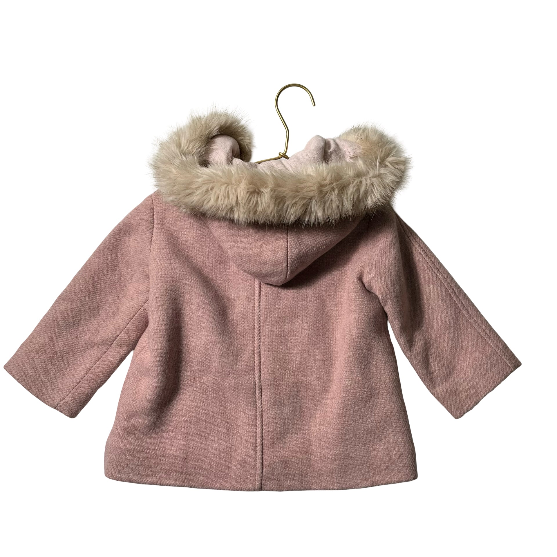 Zara Pink Wool-Blend Jacket, Faux Fur Trim Hood - Size 2-3