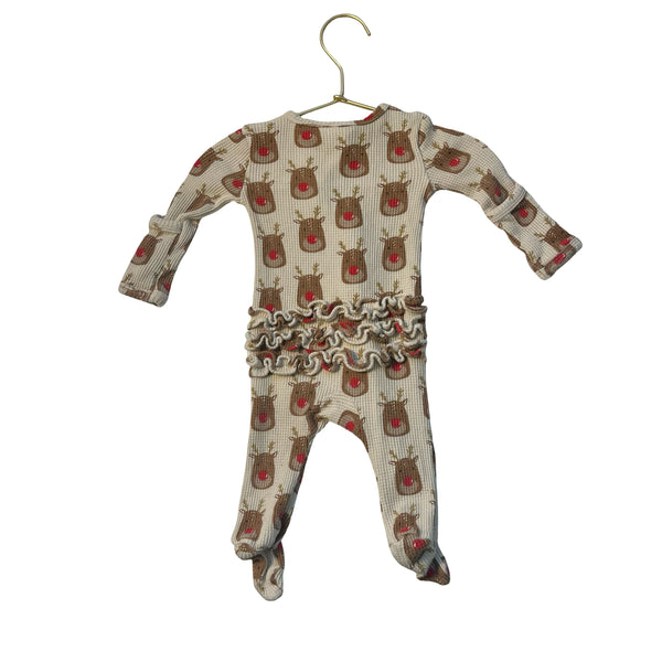Spearmint Love Ivory Waffle Reindeer Footed One-Piece - Size 0-3 Mo