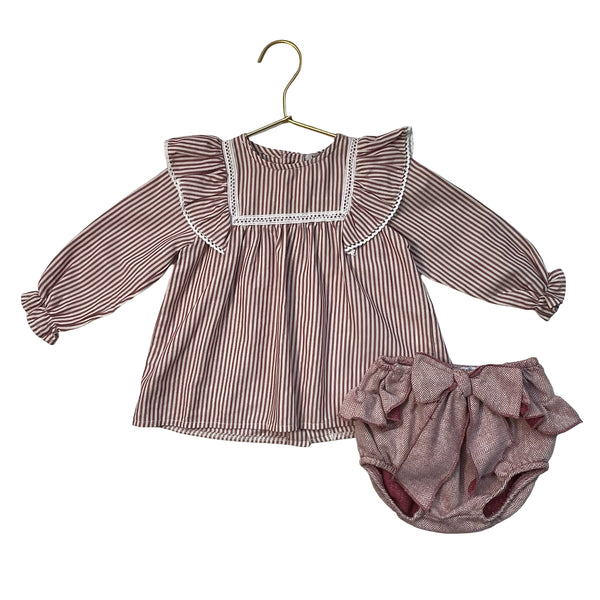 Babidu Maroon & Ivory Striped Blouse & Herringbone Bubble Shorts Set - Size 18 M