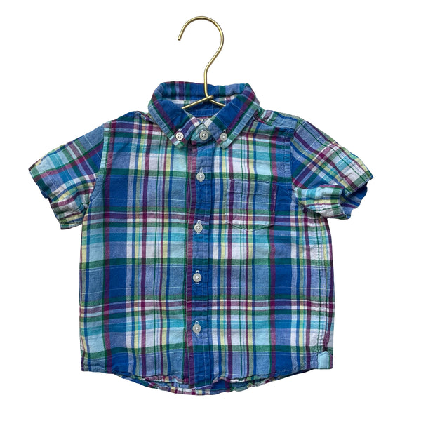 Janie and Jack Blue, Purple, Green Plaid Linen-Cotton Button Down - 18-24 Mo
