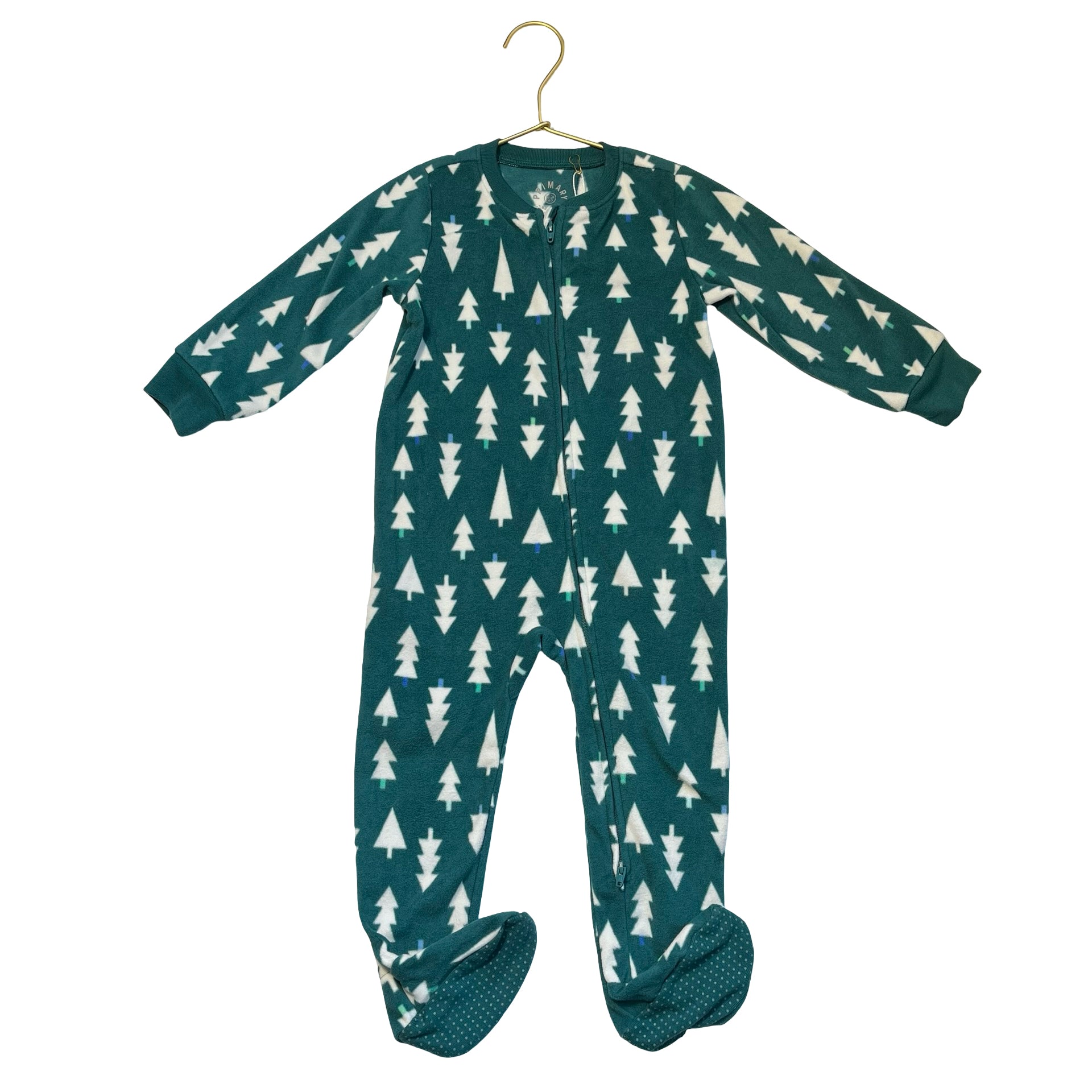 Primary Green & Ivory Christmas Tree Print Fleece Footed PJs - Size 18-24 Mo