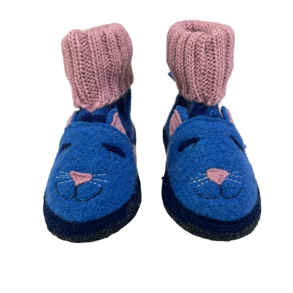 Garnet Hill Kids 100% Wool Blue Cat Slippers - Size 7