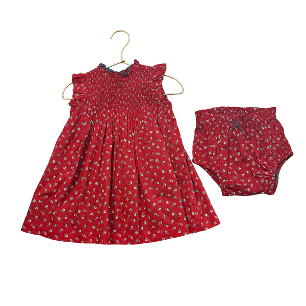 Pink Chicken Red Flower Print Smocked Dress & Bloomers - Size 6-12 Mo