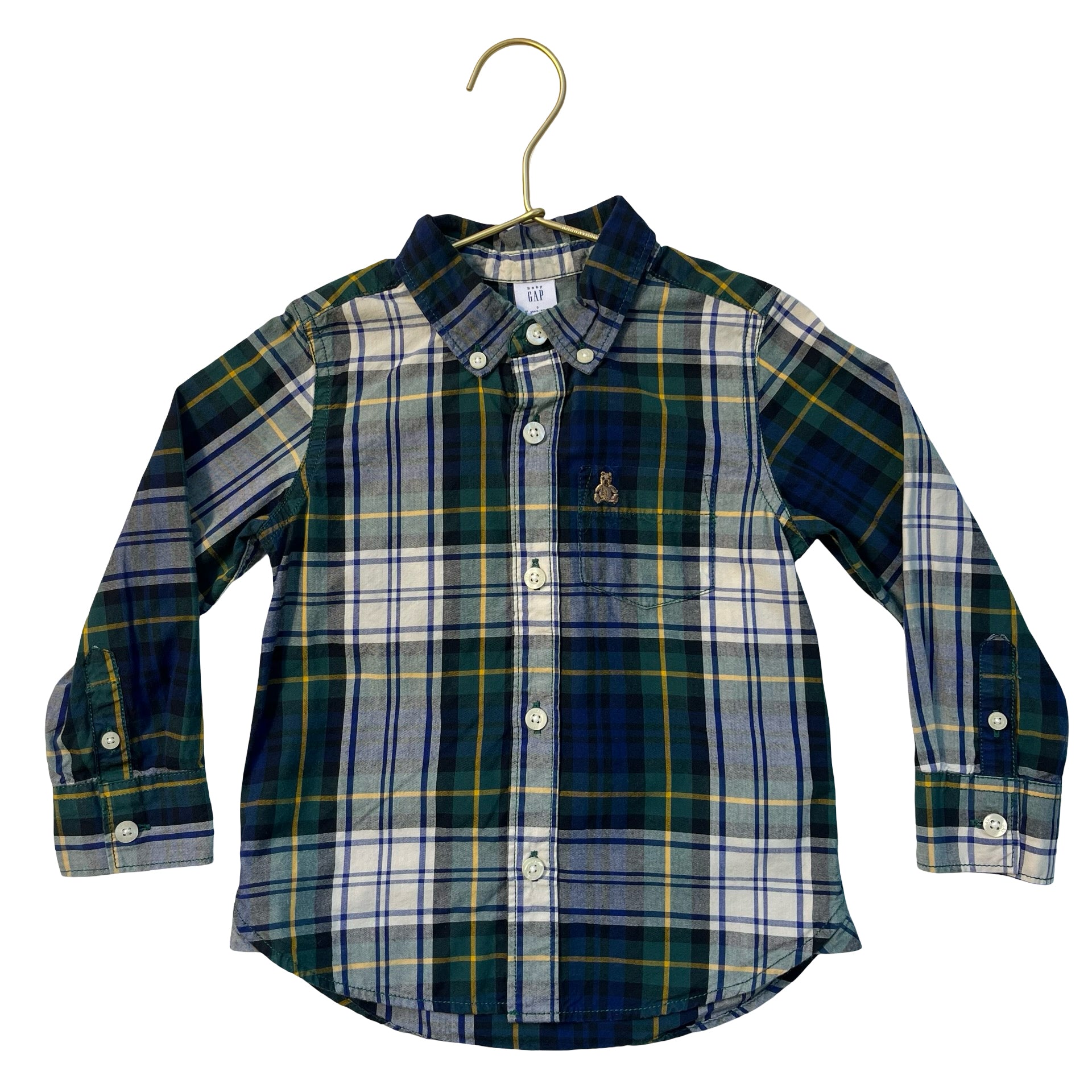 Baby Gap Green, Navy, Ivory, Yellow Tartan Plaid Button Down Shirt - Size 3
