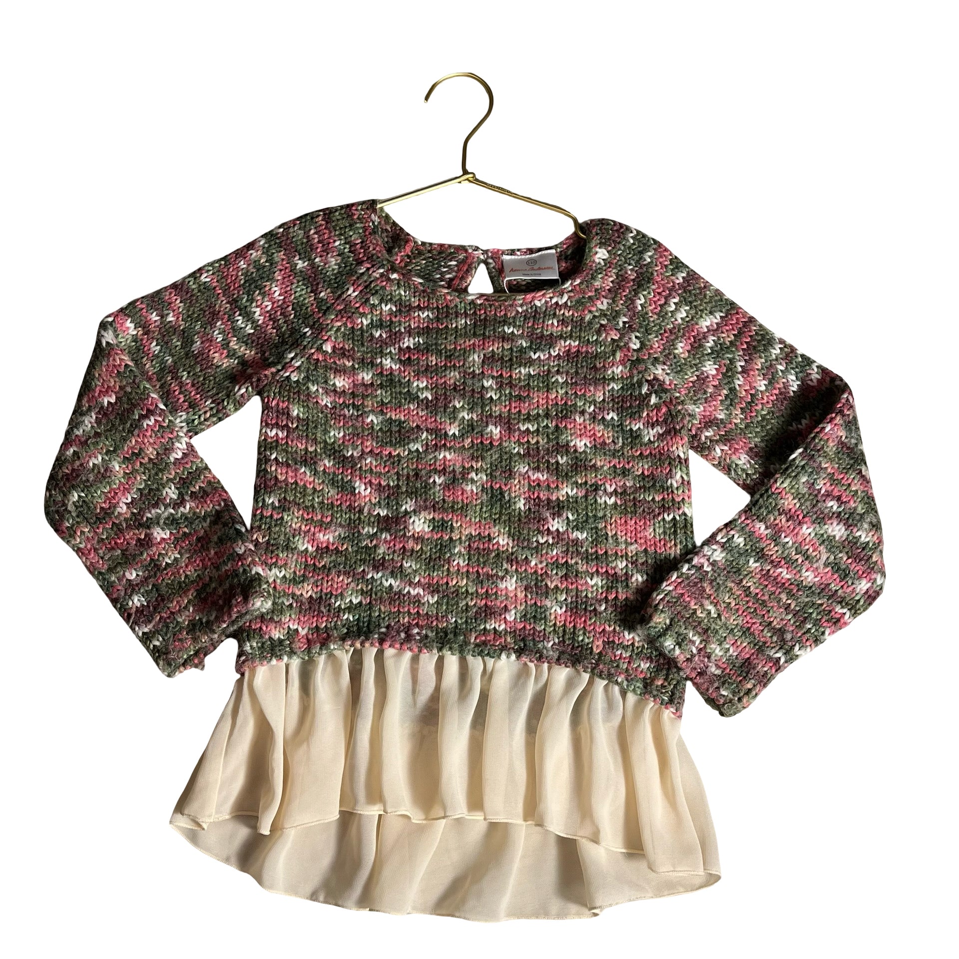 Hanna Andersson Olive Green & Pink Space Dye Sweater, Chiffon Hem - Size 110 (5)