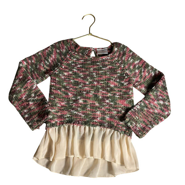 Hanna Andersson Olive Green & Pink Space Dye Sweater, Chiffon Hem - Size 110 (5)