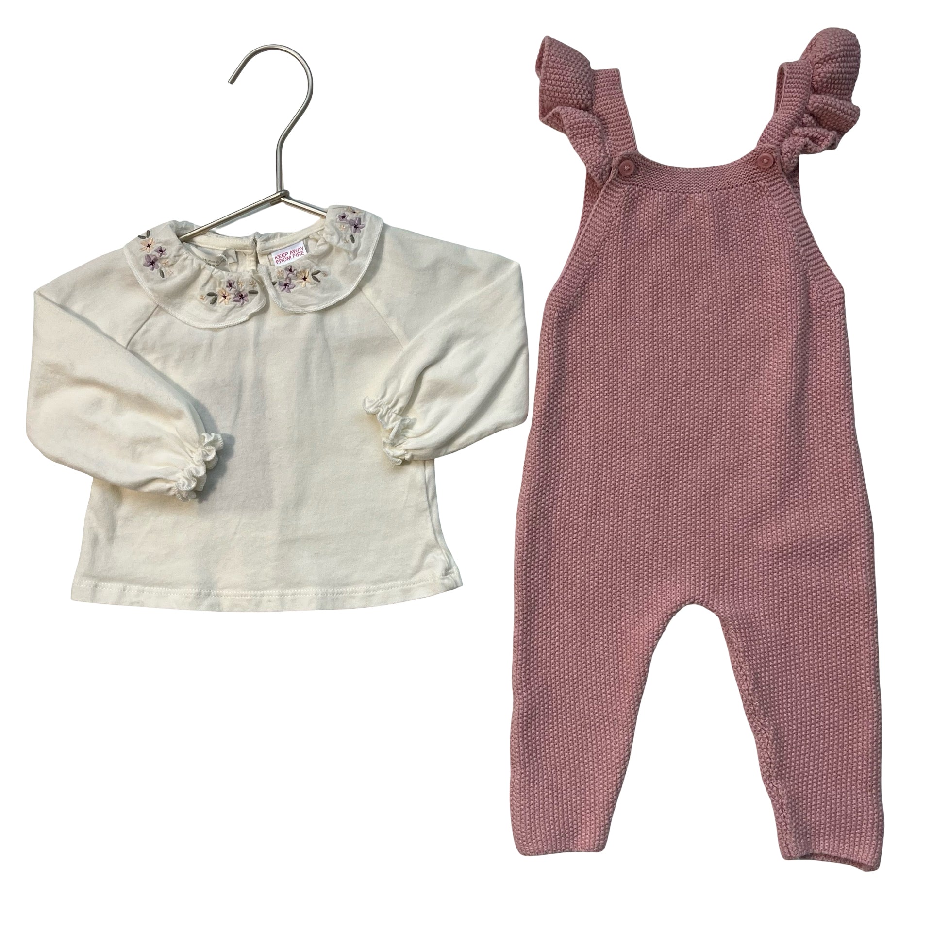 Zara Pink Knit Overalls & Ivory Embroidered Collar Top Set - Size 3-6 Mo