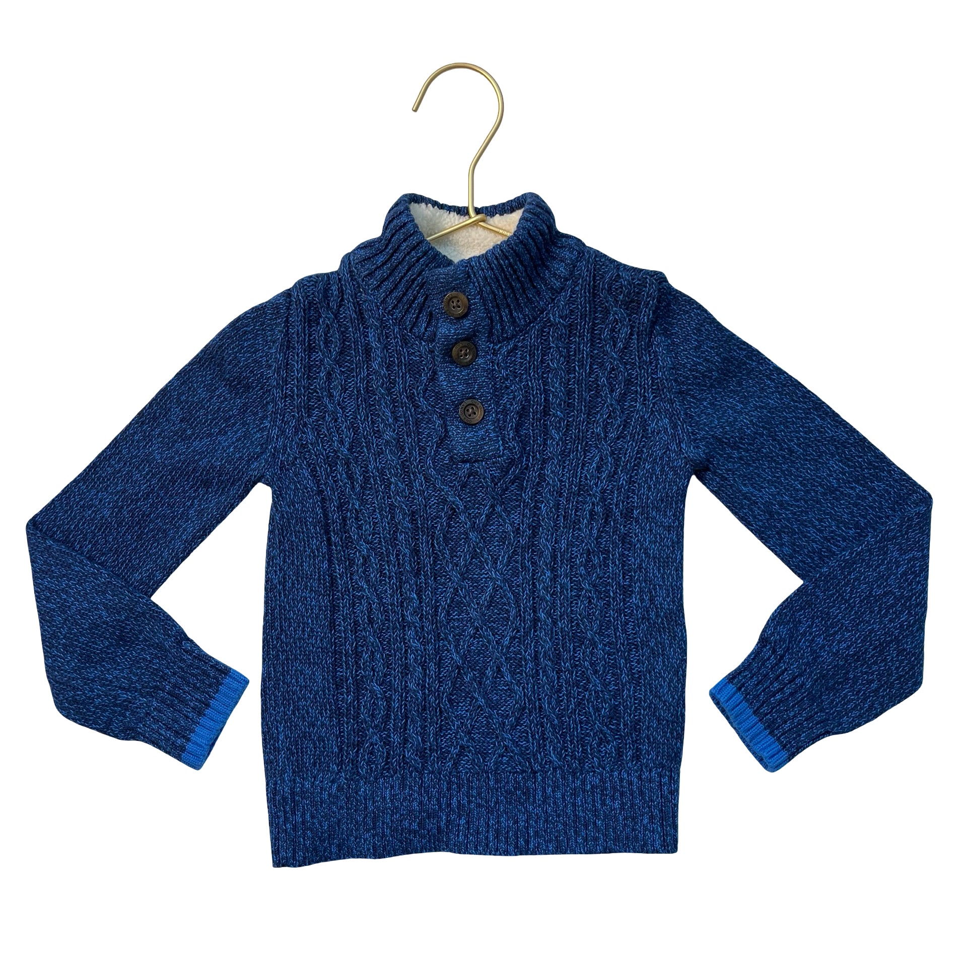 Lands' End Blue Cotton Quarter-Button Sweater, Sherpa-Lined Collar - XXS 2-3
