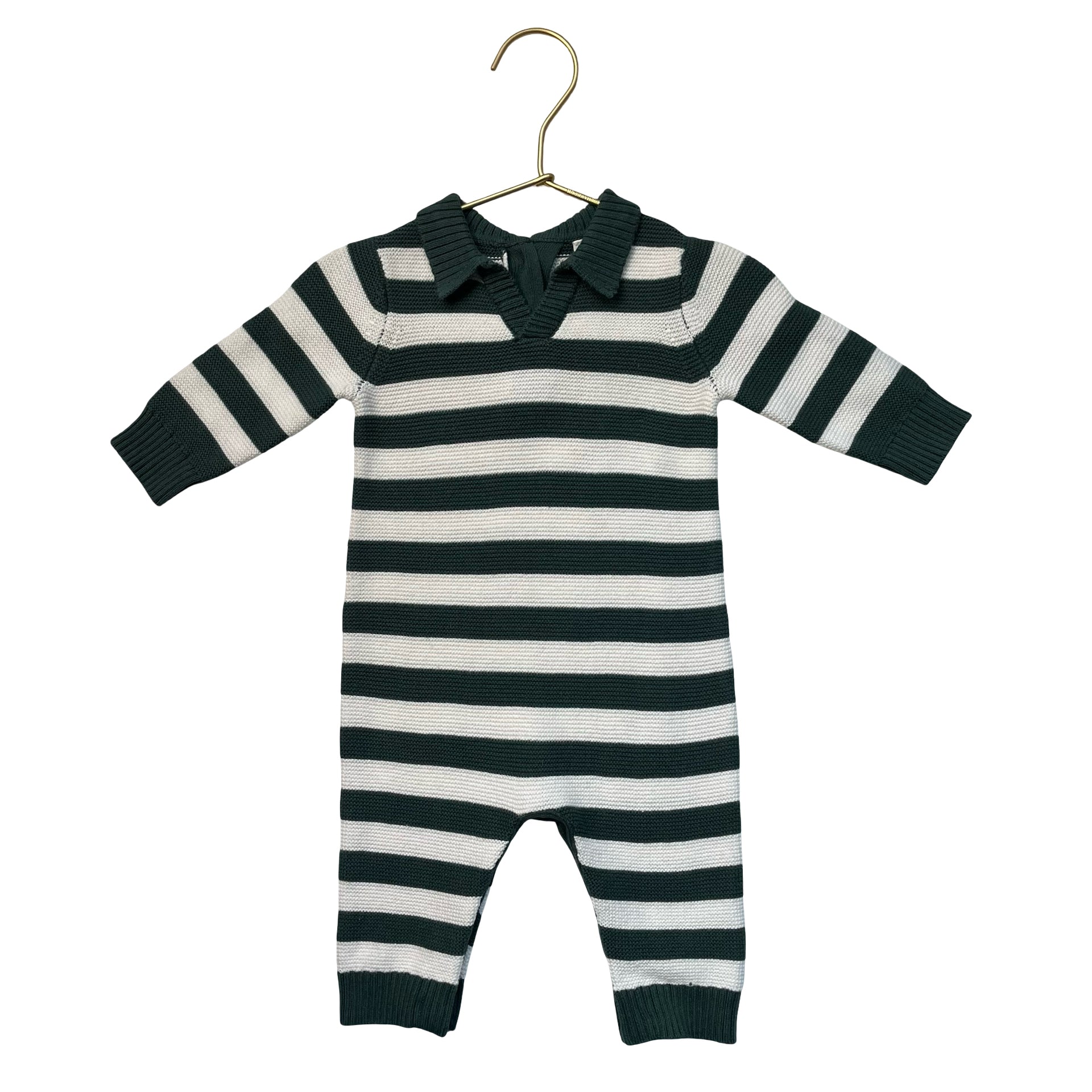 Janie and Jack Green & Ivory Striped Cotton Knit One-Piece - Size 0-3 Mo