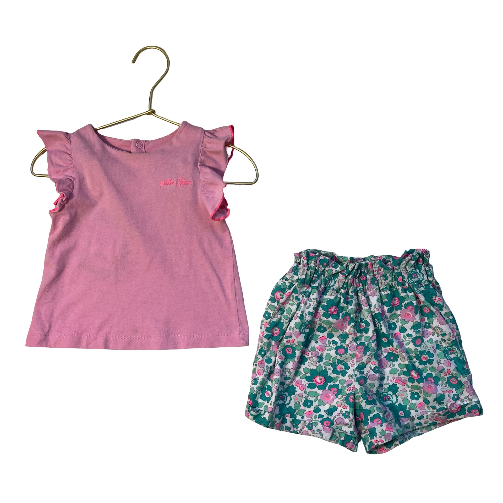 Jacadi Pink T-Shirt & Teal Floral Shorts Set - Size 24 Mo